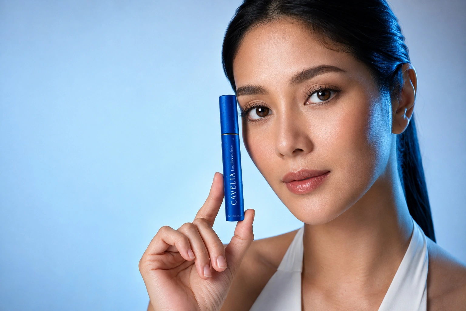 Beauty campaign portrait of a model holding the cobalt CAVELIA serum beside her face