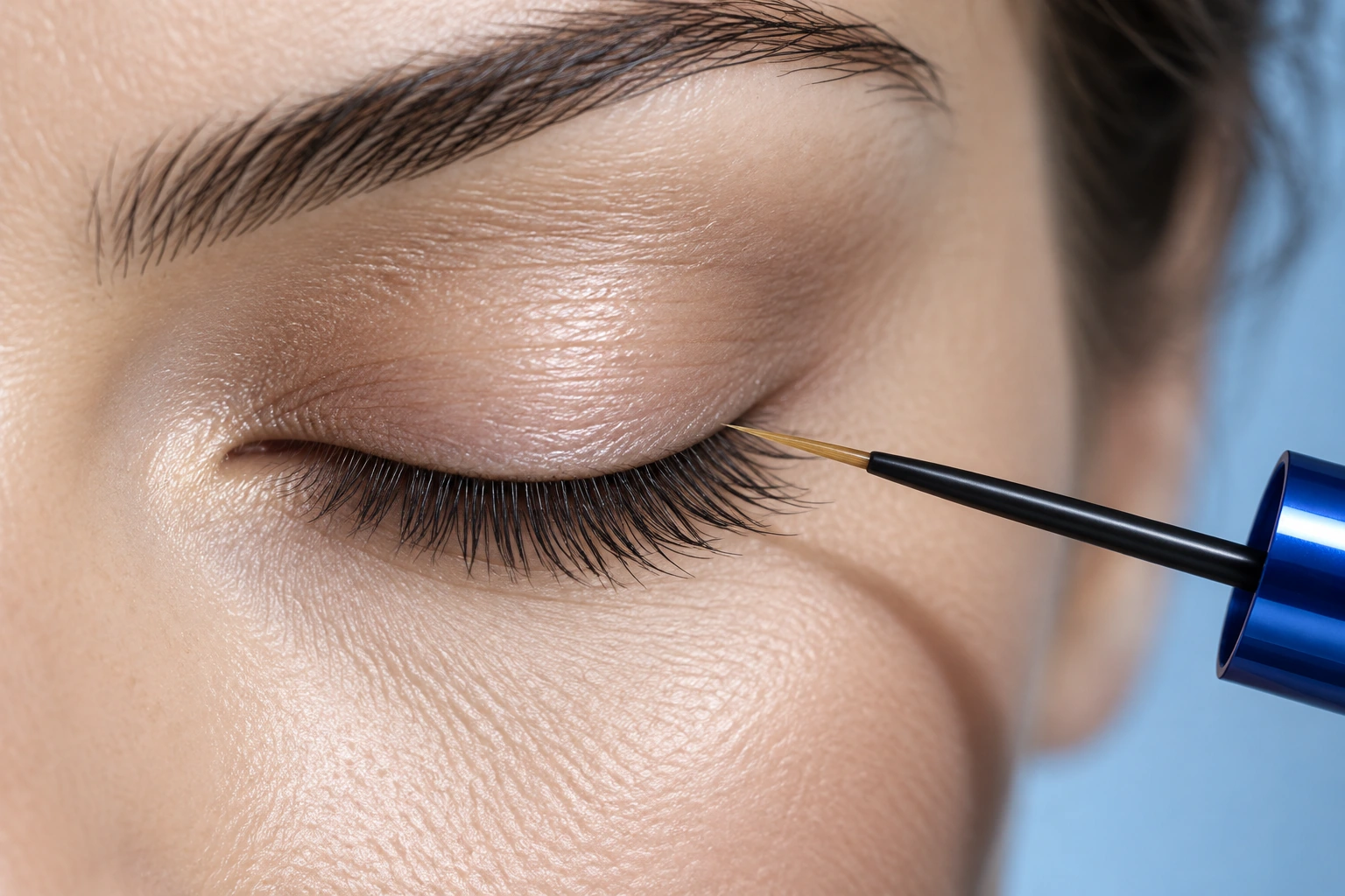 Illustrated beauty close-up of a fine serum brush at the upper lash line