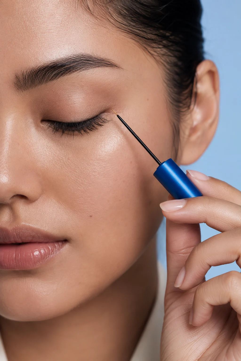 Beauty model holding the fine CAVELIA serum applicator near her closed upper lash line