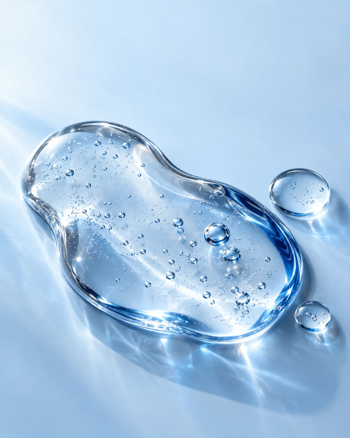 Conceptual macro photograph of clear serum with luminous blue reflections