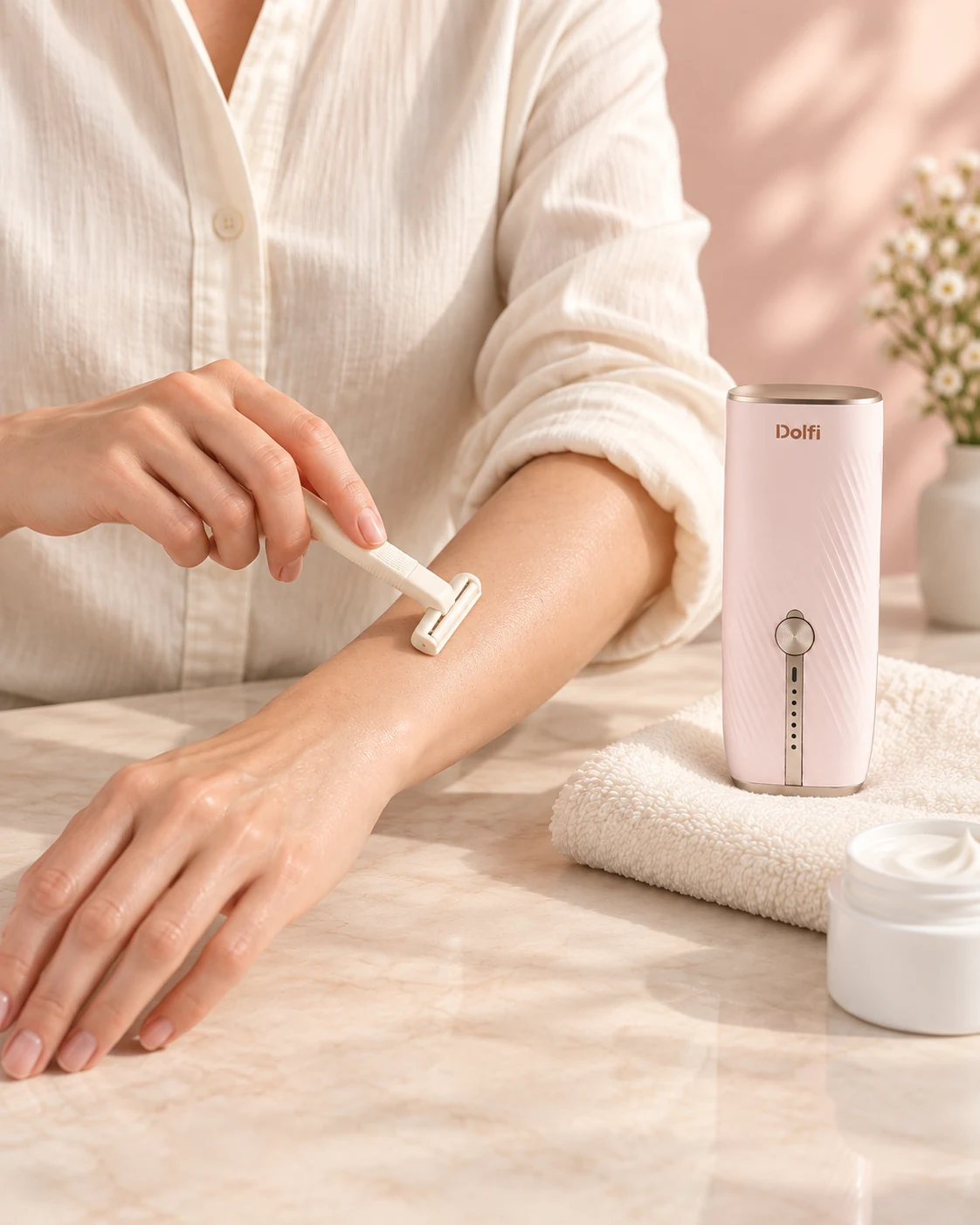 Preparing the forearm with an ivory razor, with the complete Dolfi device beside the towel