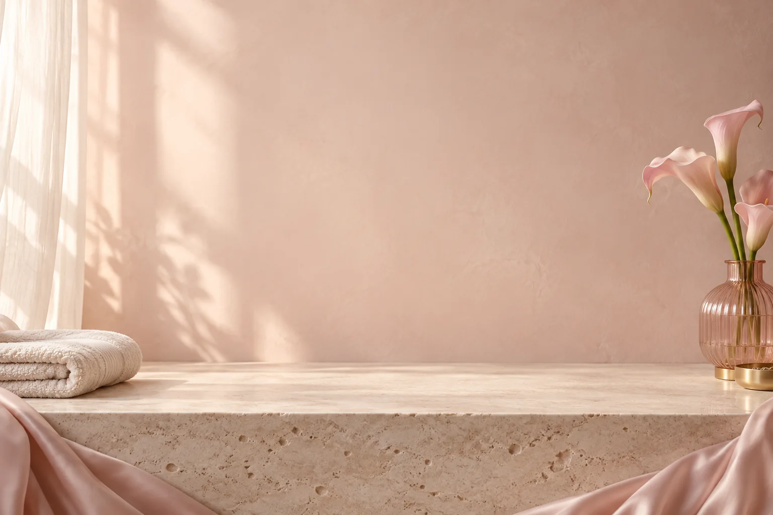 A soft pink vanity with flowers and folded ivory towels